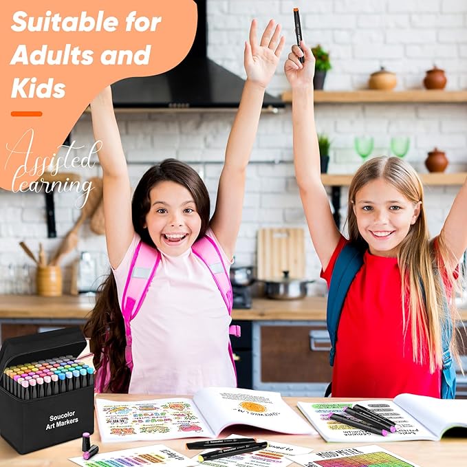 Soucolor Alcohol Markers Set, 60 Colors Dual Tip Art Alcohol Markers, School Office Teacher Supplies for Kids and Adults Coloring Drawing Sketching Book Painting Card Making Illustration