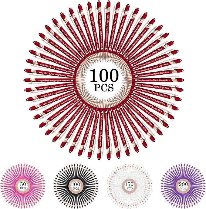 STREADVE 100 Personalized Custom Pens Engraved Writing Pen with Name Logo, Customized Promotional Items Stylus Pen Gifts for Communion Wedding Men Women Realtor Business, Deep Red