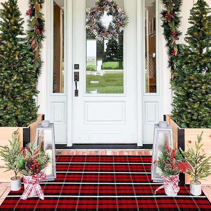 Buffalo Plaid Outdoor Rug, 3' x 5' Christmas Red & Black Check Indoor/Outdoor Area Rug, Layering Rug for Hello/Welcome Door Mat, Machine Washable Cotton Woven Farmhouse Mat for Front Porch Décor