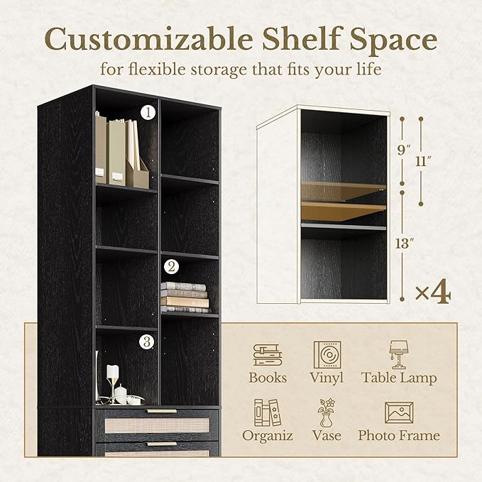Bookshelf, Bookcase with Doors and 2 Drawers, Rattan Tall Bookshelf with 4-Tier Storage Shelves, 73 inch Wooden Book Shelf for Home Office, Living Room, Black