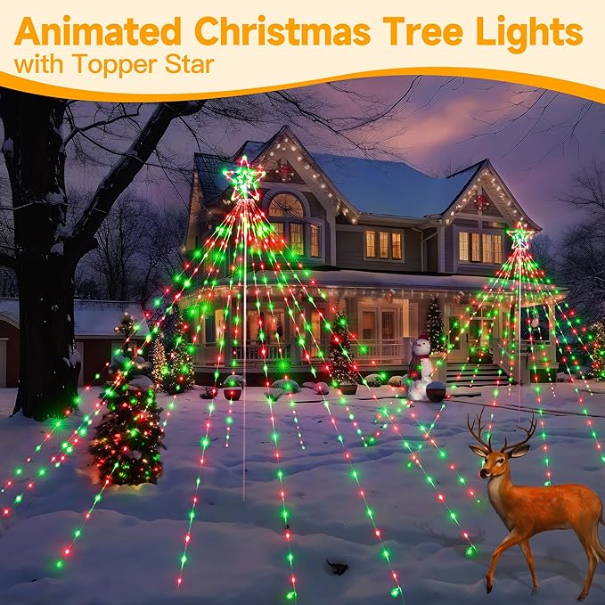 Ollny Christmas Lights Tree Red&Green 340LED with Topper Star, IP67 Waterproof Remote Control Waterfall Lights with Pole, 16 Lighting Modes Timer Dimmable Light Decorations Outdoor Yard Garden Lawn