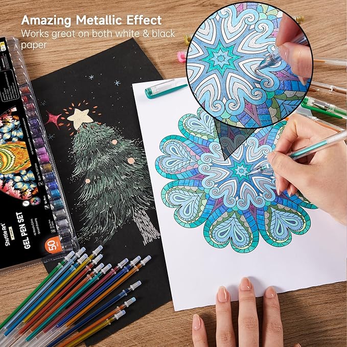 Shuttle Art 50 Pack Metallic Gel Pens, 25 Metallic Gel Pens Set with 25 Refills Perfect for Adult Coloring Books Doodling Drawing Art Markers