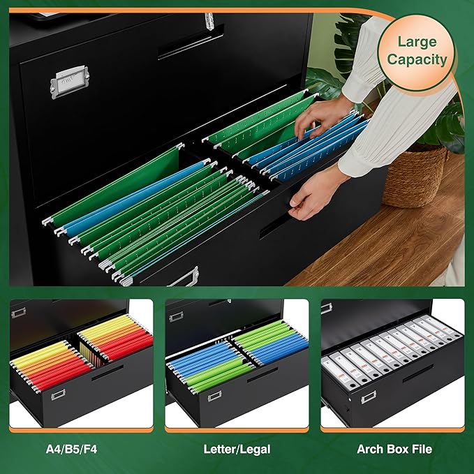 Letaya Lateral 3 Drawer File Cabinets with Lock, Metal Filing Storage Vertical Cabinets,Home Office Furniture for Organization Hanging Letter/Legal/F4/A4(Black)