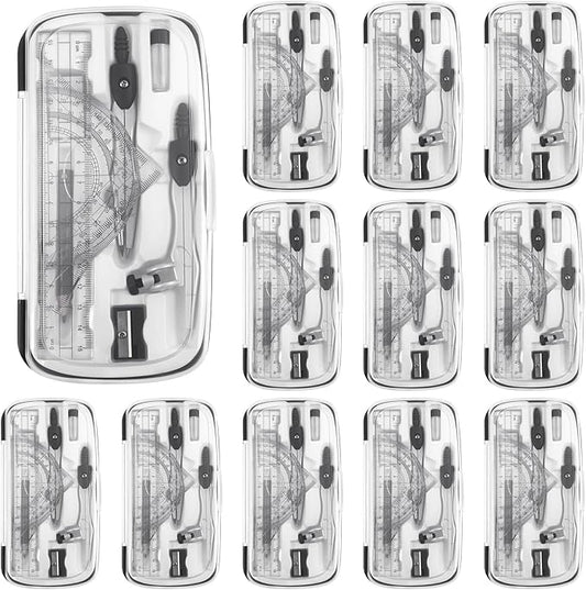 Teling 12 Sets Math Geometry Kit for Students 10 Pcs Compass Geometry Tools Set Includes Rulers Protractor Compass Eraser Pencil Sharpener Lead Refills Pencil (Black)