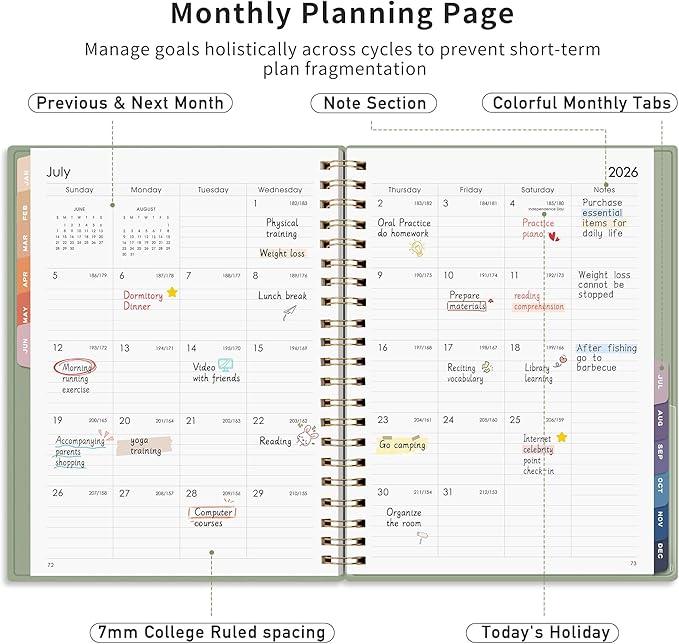 RETTACY 2026 Planner, Weekly and Monthly, Large Size (8.5" x 11"), Jan - Dec 2026, Agenda, Calendar, 12 Month Tabs, Flexible Plastic Cover, 100 GSM Thick Paper, Spiral-bound (Light Green)