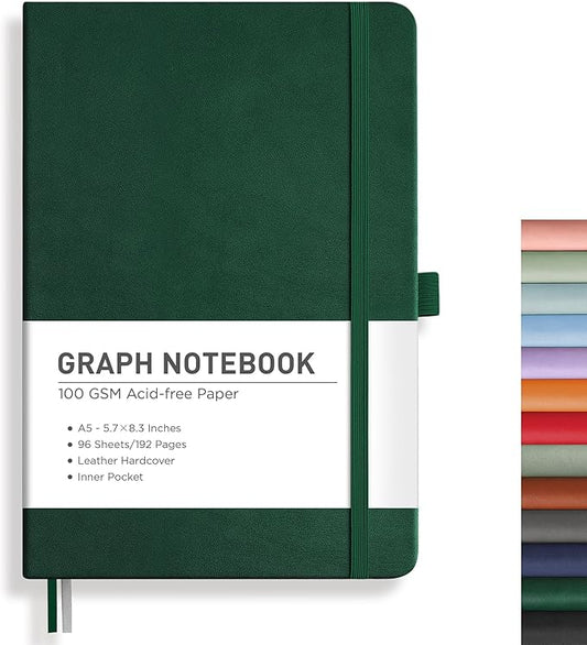 RETTACY Graph Grid Paper Notebook, 192 Pages, A5 Medium Size (5.7'' x 8.3''), 5 Squares per Inch, Leather Hardcover, 100 GSM Thick Paper, for School, Students, Math, Engineering (Dark Green)