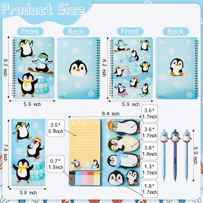 B1ykin 3Pcs Penguin Notebook Sticky Notes Stationery Gift Set, A5 Spiral Notebooks & 550 Sheets Sticky Notes with Silicone Penguin Neutral Pen Kit for Office School Kids Students Birthday Supplies