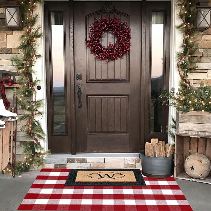 Buffalo Plaid Outdoor Rug, 3'x5' Red&White Christmas Check Indoor/Outdoor Area Rug, Layering Rug for Hello/Welcome Door Mat, Machine Washable Cotton Woven Rug for Farmhouse Front Porch, Entryway