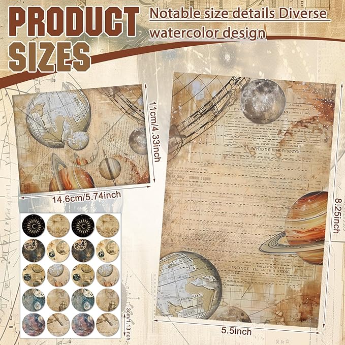 TaoBary 160 Pcs Stationery Paper Set 50 Double Sided Stationery Papers with 50 Matching Envelopes and 60 Round Dot Sticker, 10 Design(Space Spoon,5.5 x 8.25 Inch)