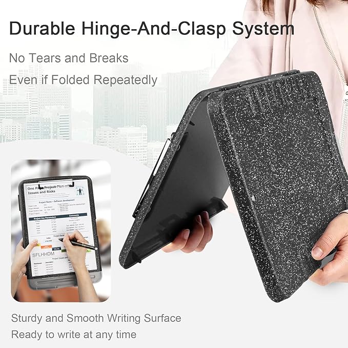 Glitter Clipboard with Storage,Storage Clipboard with Pen Holder,A4 Binder Clip Boards 8.5x11 with Low Profile Clip,Side Opening Sparkle Clipboards,Plastic Clipboards Folder for Office Supplies-Black