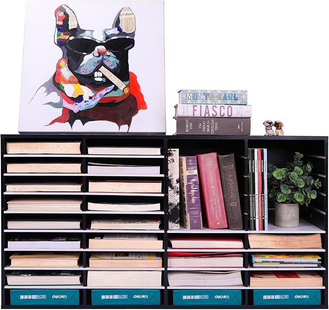 EasyPAG Mail Organizer Countertop, Wood Literature Organizer with Adjustable Shelves, Student Classroom Mailbox for School, Desktop Paper Sorter for Office Home, 36 Compartments, Black/White