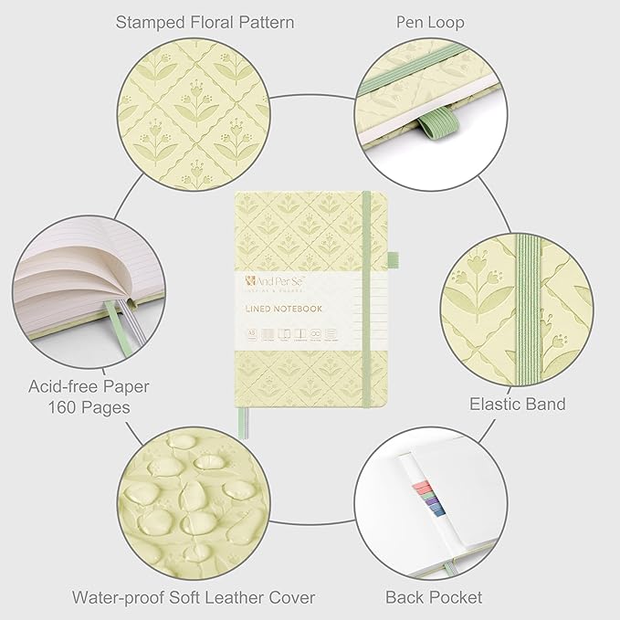 &And Per Se Lined Journal Notebook for Women&Men with Pattern, 160 Pages 100GSM Thick Paper, A5 Hardcover Journals for Writing(Light Green)