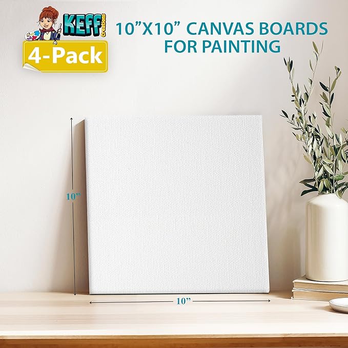 KEFF Canvas Boards for Painting - 10x10 4-Pack Bulk Canvas Panels, 100% Cotton Triple Primed Large Canvases for Art Painting Supplies, Acrylic, Oil, Watercolor & Tempera