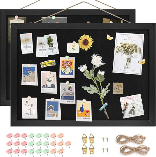 Black Cork Board Bulletin Board 16.7" x 11", 2-Pack Small Linen Corkboards with Frame for Walls, Cute Picture Display Pin Board Vision Board for Room School Office Bedroom 25 Pushpins