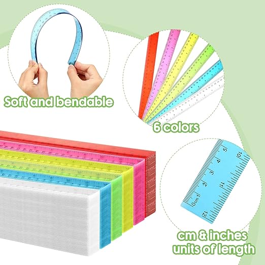 Fumete 144 Pack 12 Inch Plastic Rulers Bulk for Classroom Back to School Supplies Flexible Transparent Assorted Color Ruler with Centimeters and Inches for Office Teacher Student