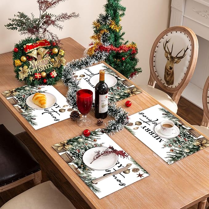 50 Pack Pine Trees Merry Christmas Balls Paper Placemats,16x 11 Inch Xmas Tree Disposable Placemats Seasonal Winter Xmas Holiday Table Mats for Kitchen Dining Christmas Party Decor