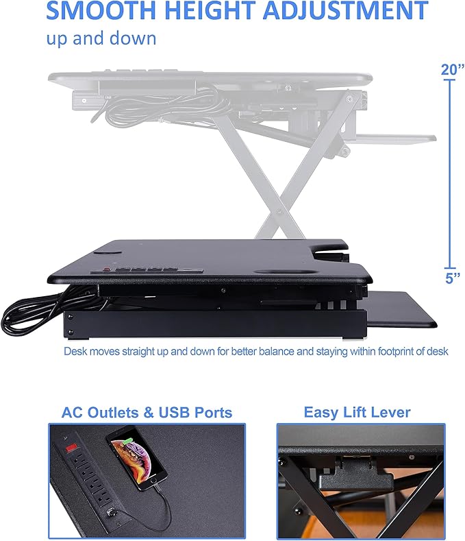 Rocelco 46" Height Adjustable Standing Desk Converter with AC USB Charger and Anti Fatigue Floor Mat - Sit Stand Up Triple Screen Riser Workstation - Keyboard Tray - Black (R DADRB-46-ACUSB-MAFM)
