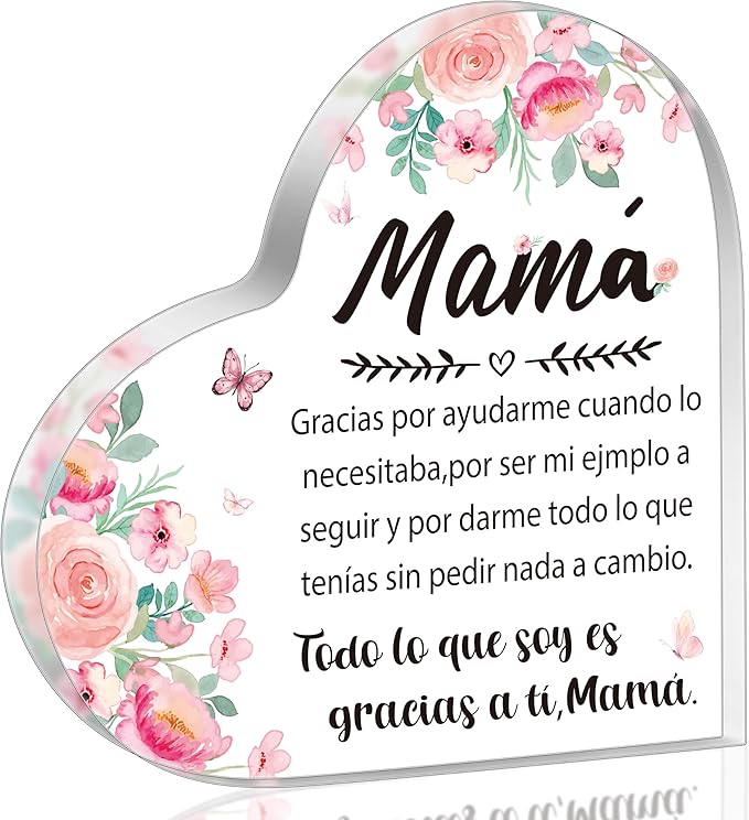 Yopyame Acrylic Gifts for Mom - Regalos para Mamá Acrylic Gifts Spanish Mom Acrylic Heart Keepsake Paperweight from Daughter Son Mother's Day Birthday Christmas Valentines Acrylic Sign Plaque for Mom