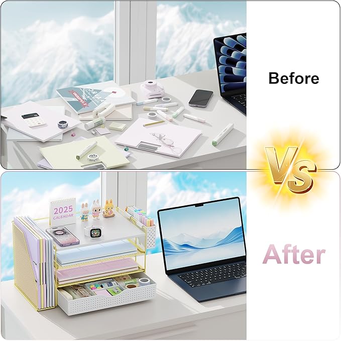 Wood Desk Organizers and Accessories with File Holder, 4-Tier Desk Accessories & Workspace Organizers with Drawer and Pen Holder, Paper Organizer for Office Supplies (Gold)