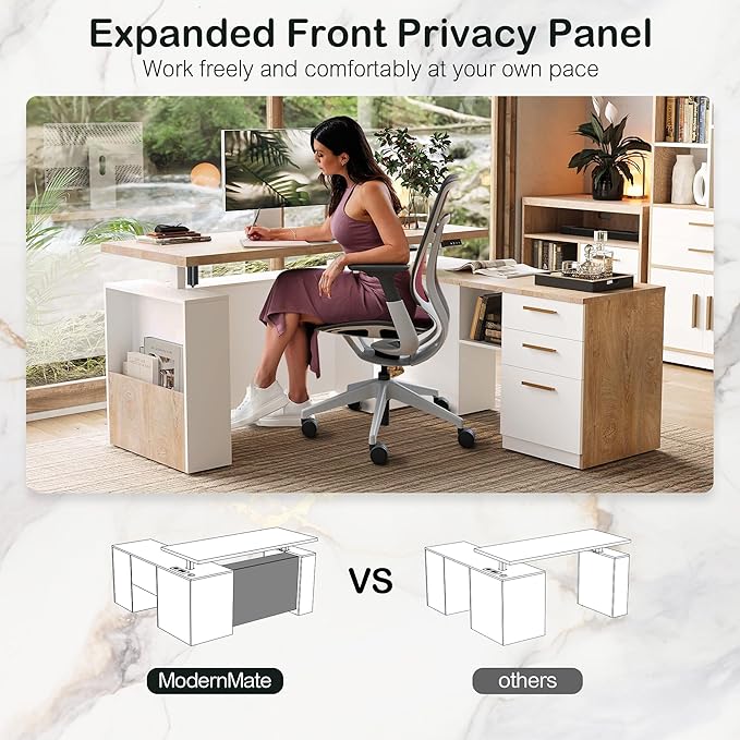 63" Standing Desk with File Cabinet, Privacy Panel, AC/USB, 1.18" Desktop, Executive L Shaped Height Adjustable Electric Stand Up Desk, Home Office Table with 3 Drawers, Light Walnut