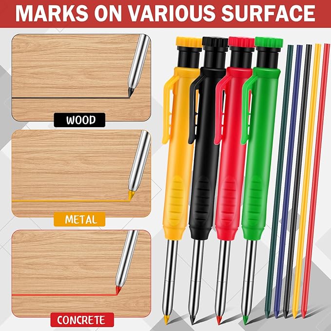 8 pack 2.8mm Mechanical Carpenter Pencils with 48 Refills, Construction Pencils with Built-in Sharpener, Long Nib Deep Hole Marker, Heavy Duty Woodworking Tools(Black+yellow+red+green)