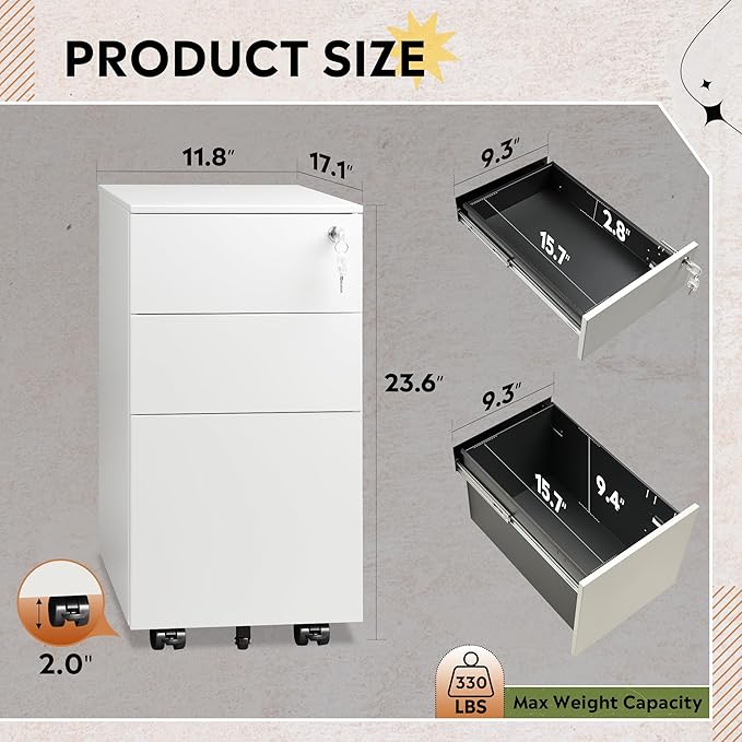 DEVAISE White File Cabinet, Small Filing Cabinet with 3 Drawers with Slim Width for Home Office, Rolling Under Desk Storage (11.8 inch)
