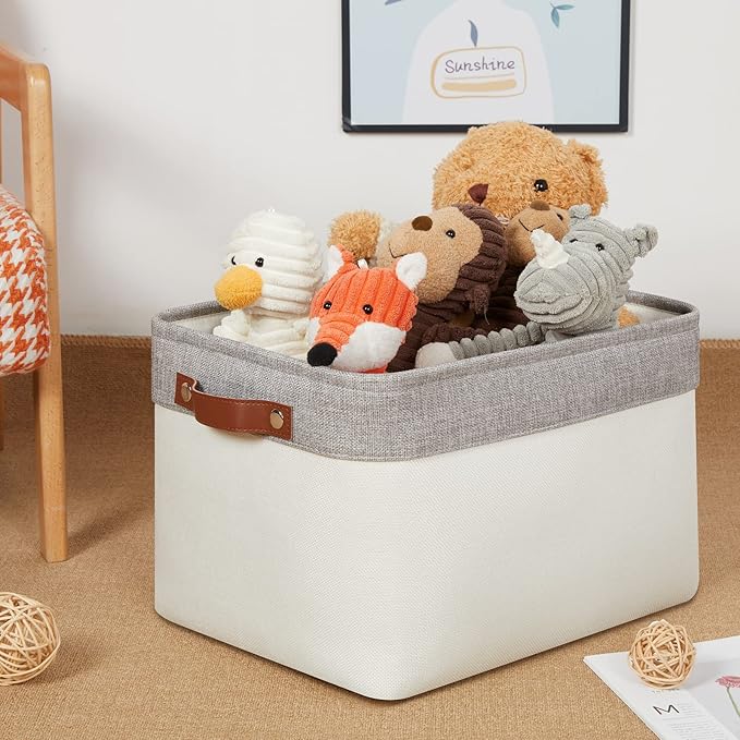 DULLEMELO Storage Baskets for Organizing, Shelves,Bedroom, Decorative Storage Bins with Leather Handles, Fabric Storage Basket for Office, Toys(3-Pack Medium-15 inch X 11 inch X 9.5 inch , Grey&White)