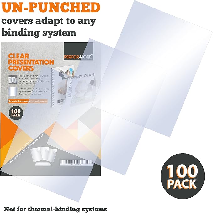 PERFORMORE 100 Pack of Binding Presentation Covers for Binding Machines, 8.5" X 11" 0.18mm Thick, Crystal Clear Plastic Report Covers for Documents Files and More