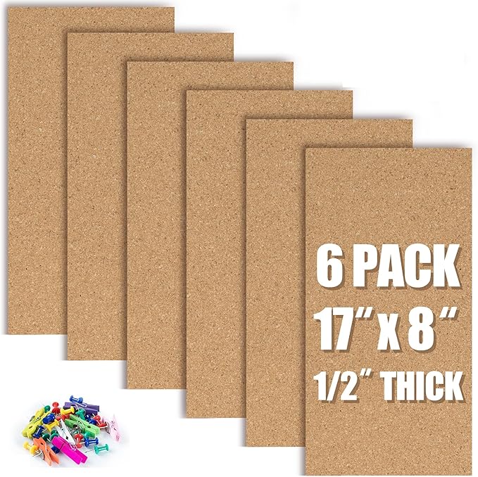 AKTOP Cork Board Bulletin Board 17"x8", 1/2" Thick Cork Board Tiles 6 Pack, Small Pin Board for Wall Decor, Self Adhesive Corkboards with 60 Push Pin Wood Clips for School, Home & Office