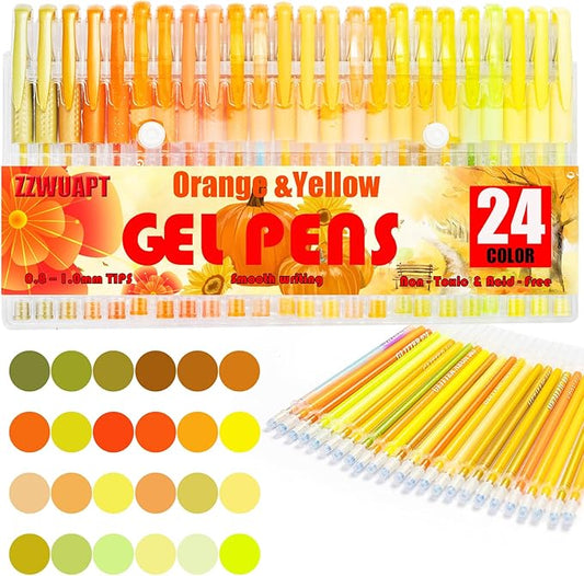 Orange Yellow Gel Pens for Coloring Book,72 Color Gel Pens Set including 24 Color Gel Pen with 48 Refills,40% More Ink Colored Gel Pens for Drawing, Doodling, Scrapbook, Journaling