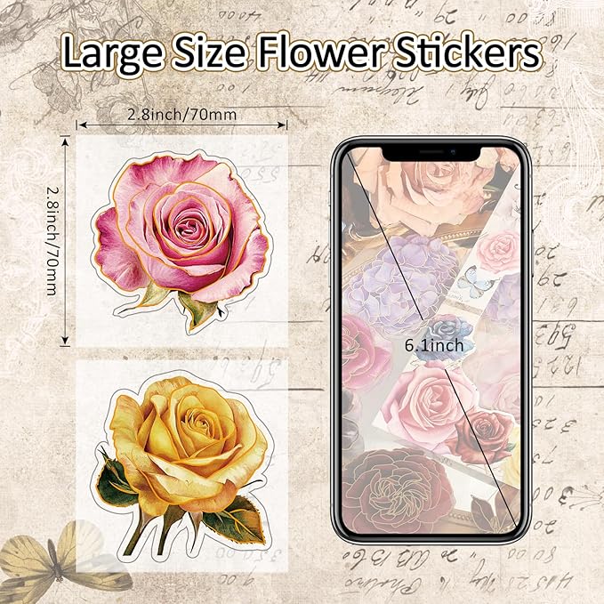 100 PCS Large Size Flowers Rose Sticker for Journaling Supplies, Dried Flowers Themed Resin Watercolor Floral Sticker for Scrapbooking, Aesthetic Room Decor Junk Journal Bullet Journals Collage