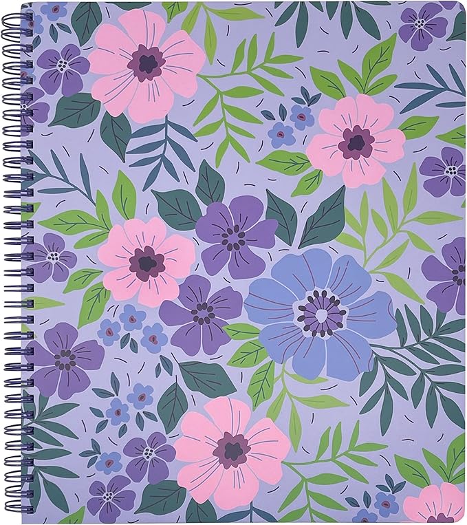 Steel Mill & Co Cute Large Spiral Notebook College Ruled, 11" x 9.5" with Durable Hardcover and 160 Lined Pages, Lilac Floral