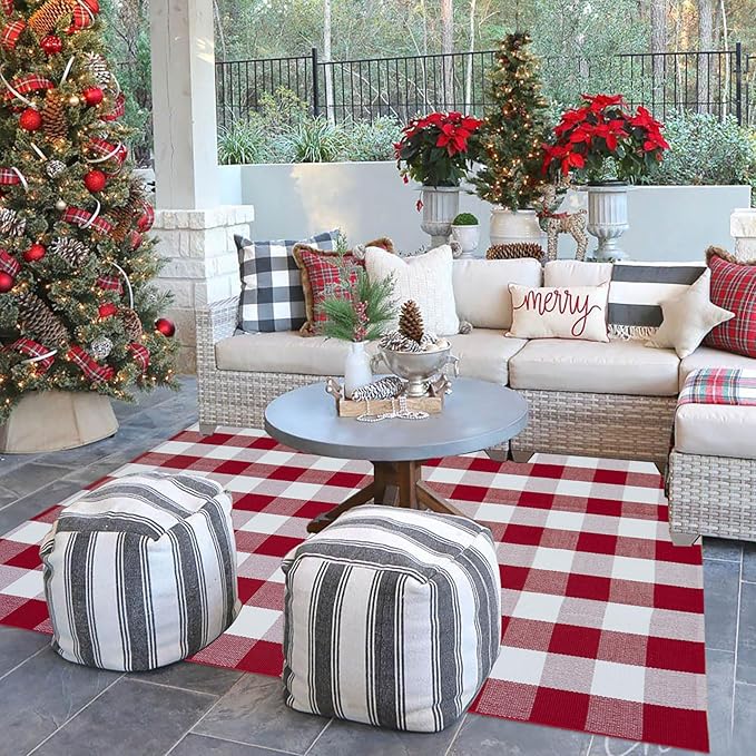 Buffalo Plaid Outdoor Rug, 4' x 6' Red&White Christmas Check Indoor/Outdoor Area Rug, Layering Rug for Hello/Welcome Door Mat, Machine Washable Cotton Woven Rug for Farmhouse Front Porch, Entryway