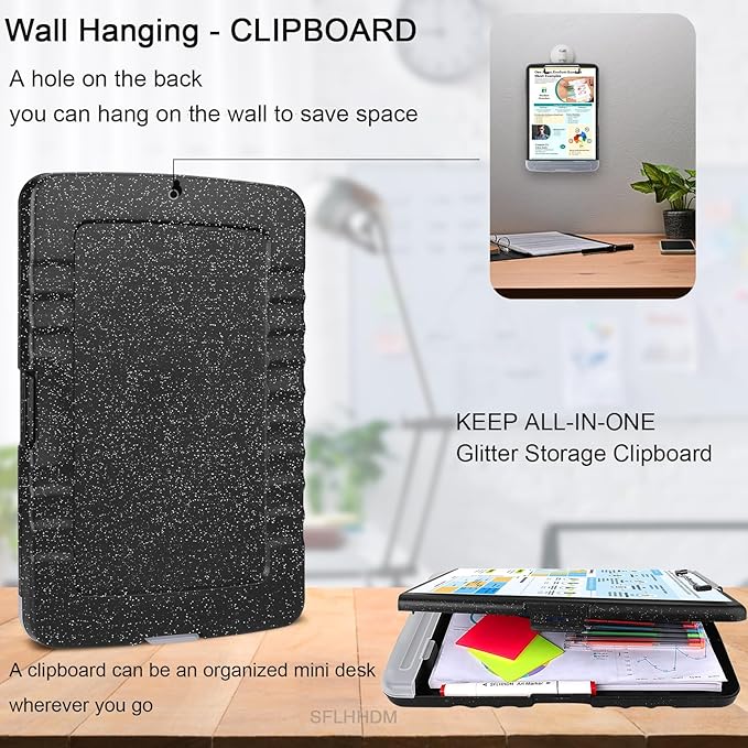 Glitter Clipboard with Storage,Storage Clipboard with Pen Holder,A4 Binder Clip Boards 8.5x11 with Low Profile Clip,Side Opening Sparkle Clipboards, Clipboards Folder for Office Supplies-Starry Black