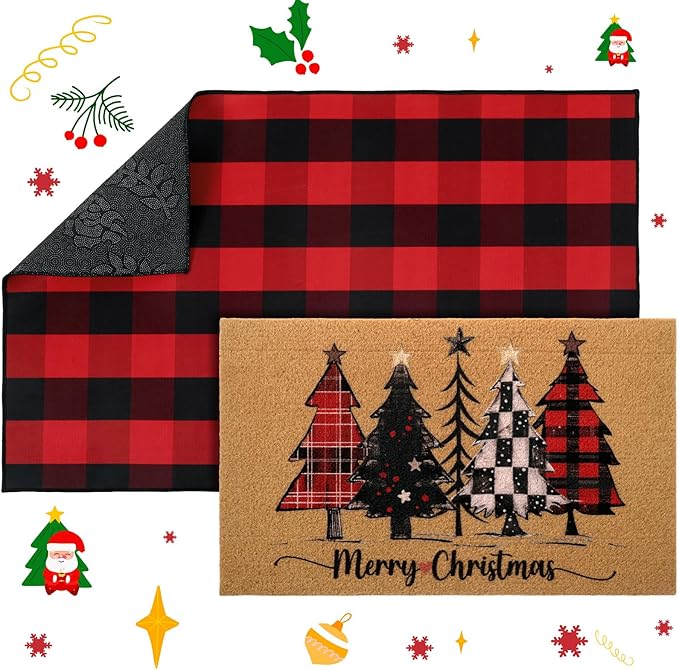2 Pcs Christmas Front Porch Rug Buffalo Plaid Christmas Front Door Mats Imitation Coco Coir Xmas Welcome Layering Rugs for Outdoor Home Winter Festival Holiday Farmhouse Decor, 36 x 60 Inch
