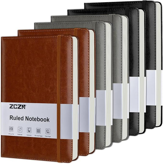 ZCZN 6 Pack Lined Journal Notebooks, 192 Pages A5 Hardcover Leather Journals for Work,Writing,School & Travel, College Ruled Journaling Notebooks for Notes Taking,Diary Journal(Black+Brown+Grey)*2