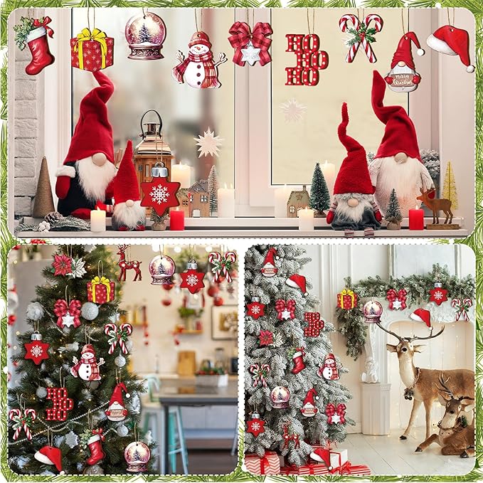 Huwena 36 Pcs Christmas Wooden Ornaments Red Xmas Tree Decorations Snowman Gnomes Poinsettia Flowers Truck Wreath Wood Cutouts Tags with Ropes Winter Christmas Decor for Xmas Tree Home Wreath Gifts