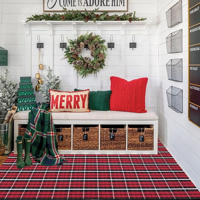 Buffalo Plaid Outdoor Rug, 4' x 6' Christmas Red & Black Check Indoor/Outdoor Area Rug, Layering Rug for Hello/Welcome Door Mat, Machine Washable Cotton Woven Farmhouse Mat for Front Porch Decor