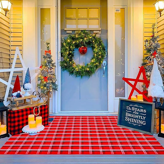 Ckorzen Red Green and White Plaid Rug, 4' x 6' Christmas Front Porch Outdoor Rug, Handwoven Cotton Washable Rug for Layered Door Mats, Holiday Entryway and Home Décor