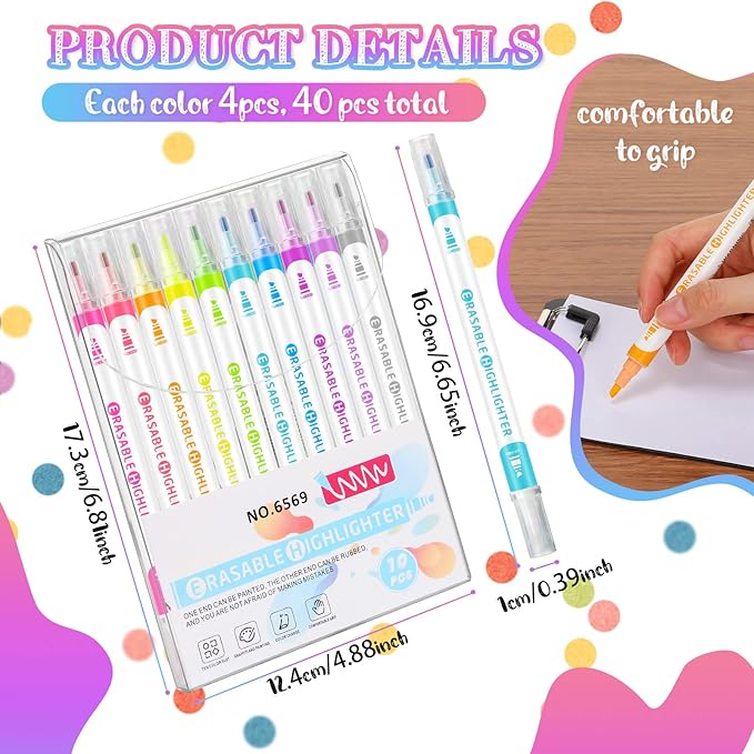 Zhehao 40 Pcs Erasable Highlighters, Smooth Writing Double Head Highlighter for School Office Back to School Supplies Occ Shoebox Gifts