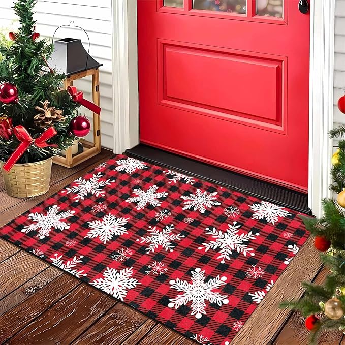 Merry Christmas Snowflakes Red Plaid Door Mat, Christmas Buffalo Plaid Doormat with Non-Slip Backing Front Porch Rug Welcome Mats for Home Indoor Outdoor, 16" x 24" Inch