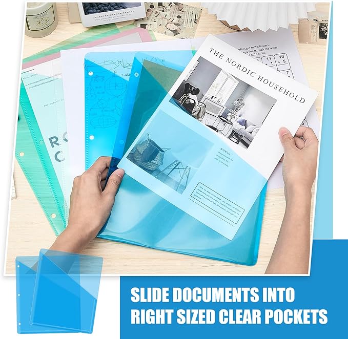 Seajan 48 Pcs Pocket Folders for 3 Ring Binder Clear Plastic Folders Sleeves with 2 Pockets 3 Hole Punch Binder Dividers Poly Slash File Jackets for Office School Document Organizer (Blue)