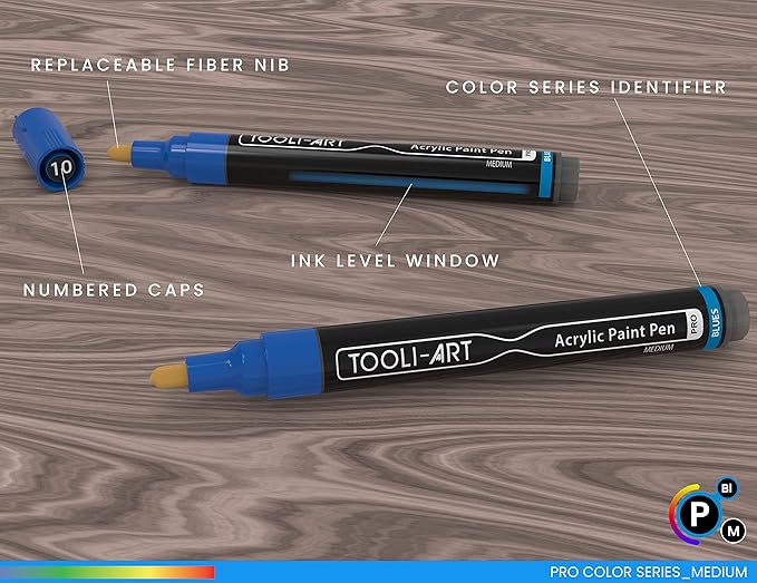 TOOLI-ART 22 Acrylic Paint Markers Paint Pens Pro Color Series Set 3mm Medium Tip for Rock Painting, Glass, Mugs, Wood, Metal, Glass Paint, Canvas, DIY. Non Toxic, Waterbased, Quick Drying (BLUES)