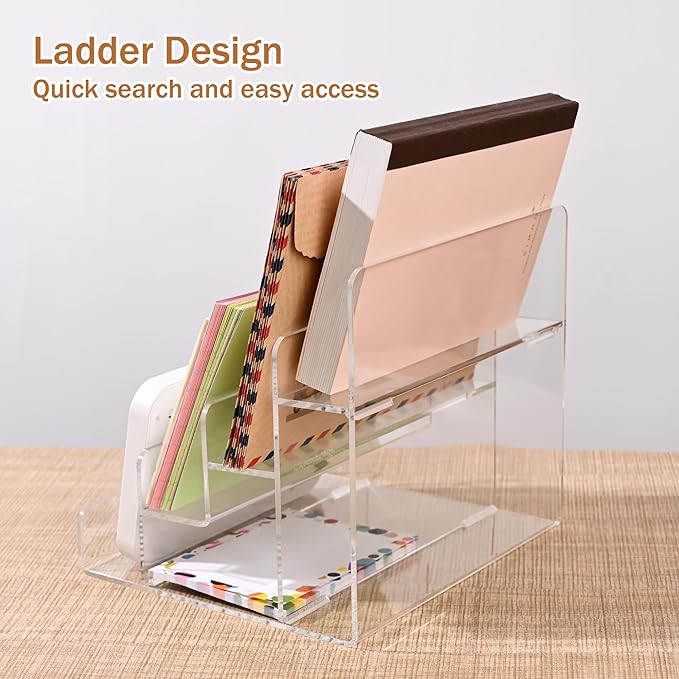 Mail Organizer Countertop, 4 Tier Clear Acrylic Mail Holder, Small Desk File Storage Holders for Bill, Envelope, Letter Sorter