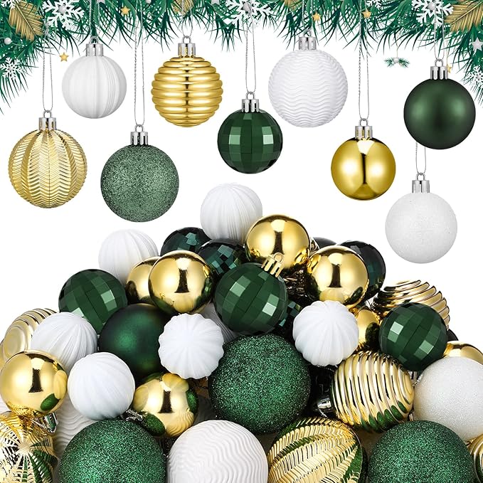 64 Pcs Christmas Ball Ornaments Bulk Emerald Green Gold White Christmas Tree Decorations 1.6/1.97/2.4 Inch Shatterproof Glitter Xmas Baubles Assorted Xmas Bulbs Ornaments for Tree Home Decor