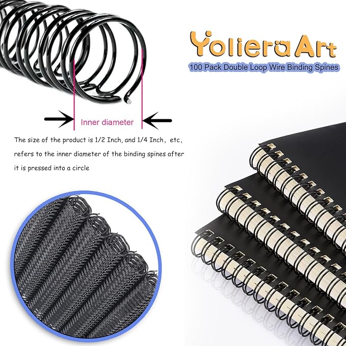 3:1 Pitch Double Loop Binding Wires, YolieraArt 100 Pack Spiral Spine Bindings, 9/16 Inch Wire Twin Binding for Book Binder Machine,Students and Coworkers (120 Sheet Capacity, 100P, Black)