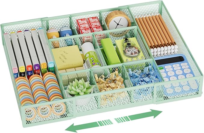 Marbrasse Expandable Desk Drawer Organizer, Mesh Drawer Organizer Tray with 10 Adjustable Compartments, Desk Organizers and Accessories for Office Supplies, Makeup & Vanity (Expandable-Green)