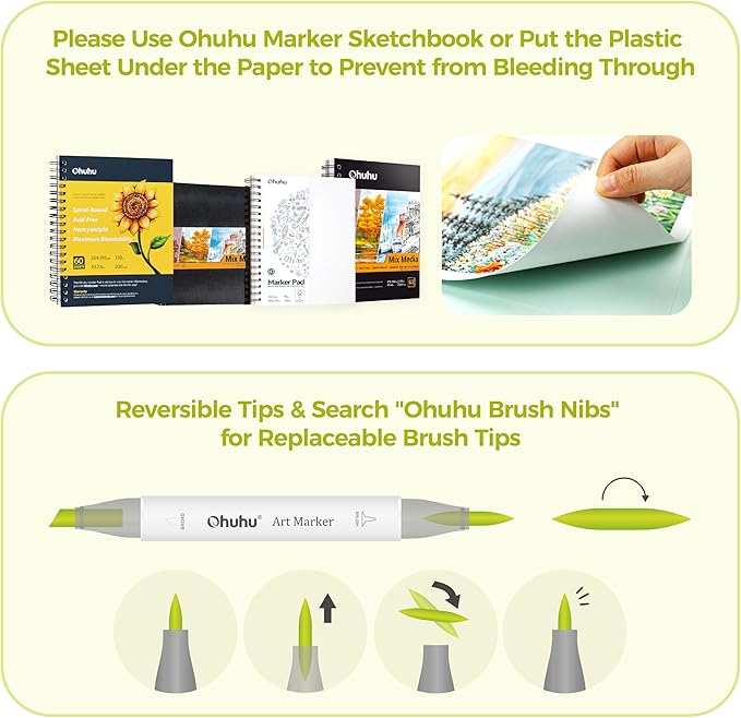 Ohuhu Alcohol Markers Brush Tip -Double Tipped Art Marker Set for Artist Adults Coloring Illustration -120 Colors -Brush &Fine -Honolulu B-Refillable