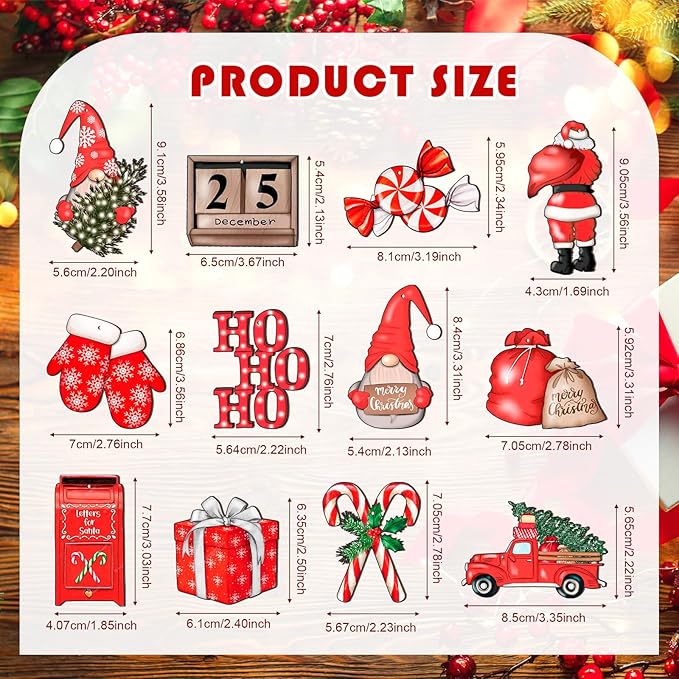 Huwena 36 Pcs Christmas Wooden Ornaments Red Christmas Decorations for Tree Snowman Gnomes Poinsettia Flowers Truck Wreath Wood Cutouts Tags with Ropes Winter Decor for Xmas Tree Gifts
