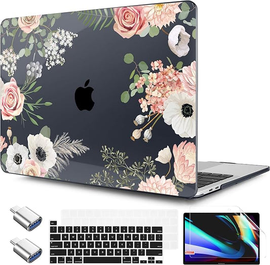 TWOLSKOO Compatible with MacBook Pro 13 inch Case 2023-2016 A2338 M2/M1 A2251 A2289 A2159 A1989 A1706, Plastic Hard Shell Cover & Keyboard Skin & Screen Protector, Rose Flower